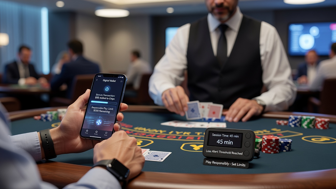 Casino table game area with digital payment integration and responsible gambling alerts visible on terminal screens
